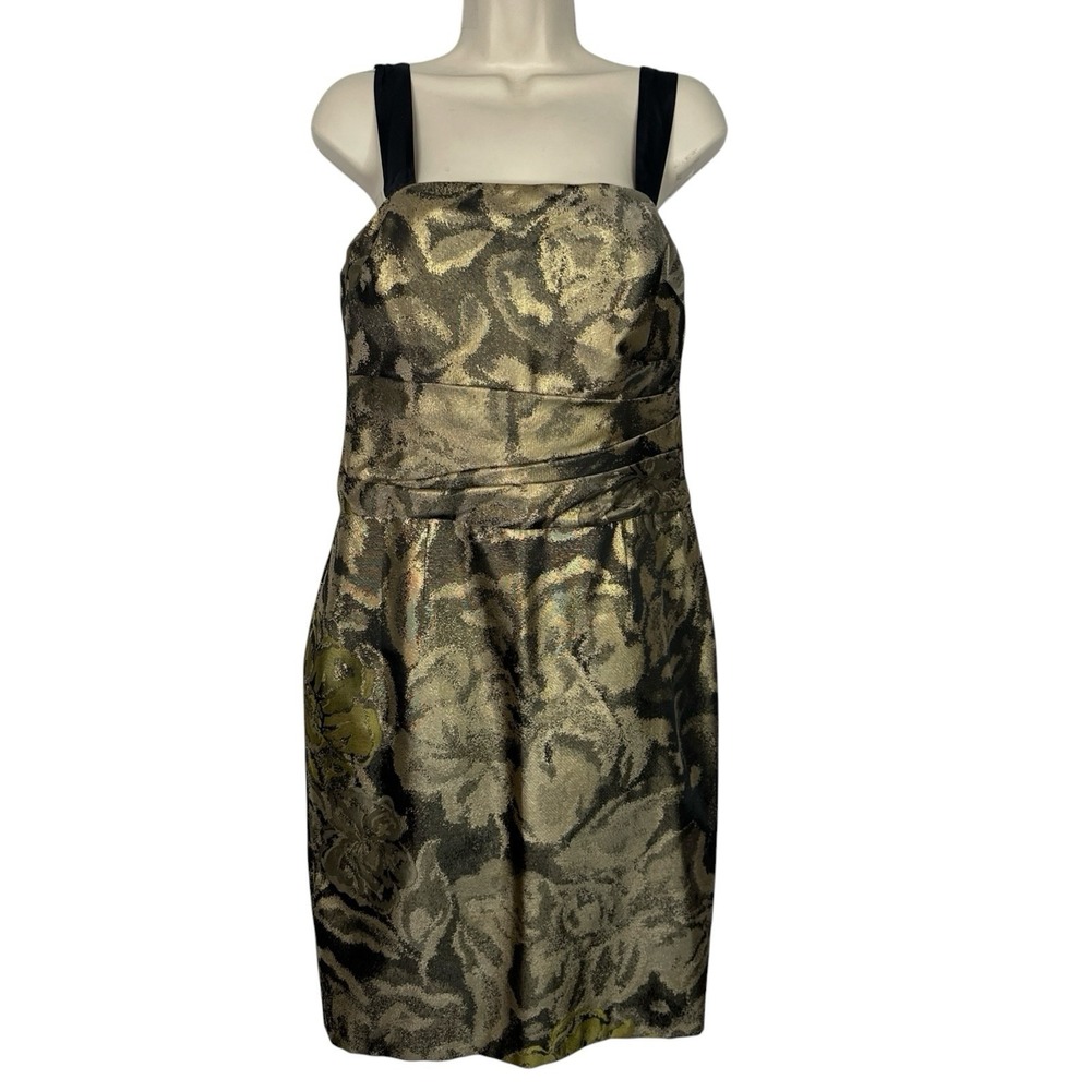 Kay Unger New York Cocktail Dress Womens 10 Gold Black Metallic Jacquard Midi